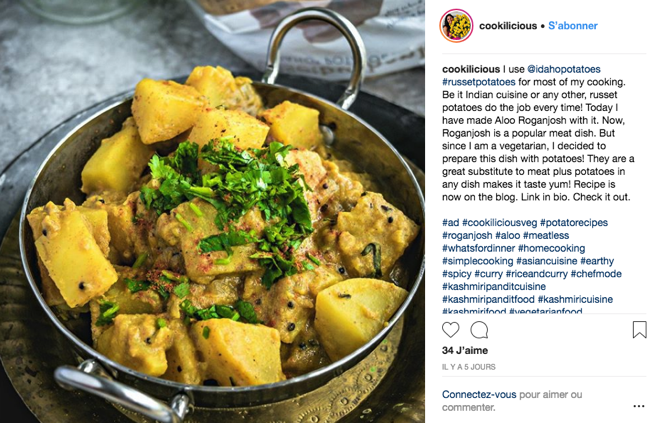 Influence food blogueuse food Promotion d'un plat vegan indien par une influence food sur instagram