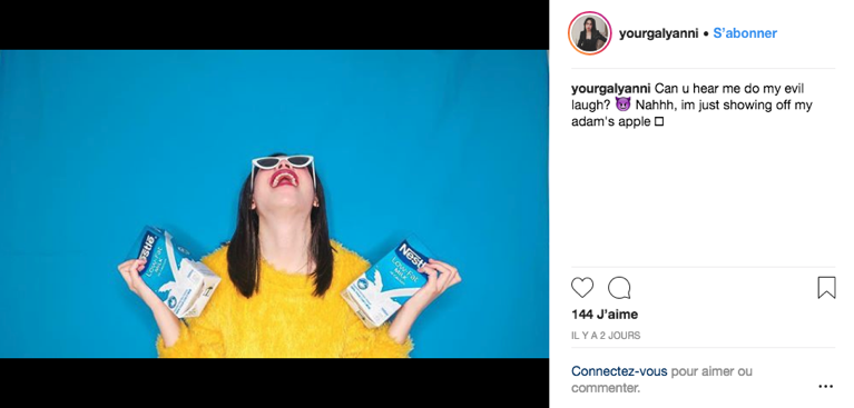 Marketing d’influence instagram Philippine Yanni collins et son tryptique de photos Inst sur les briques de lait Nestlé